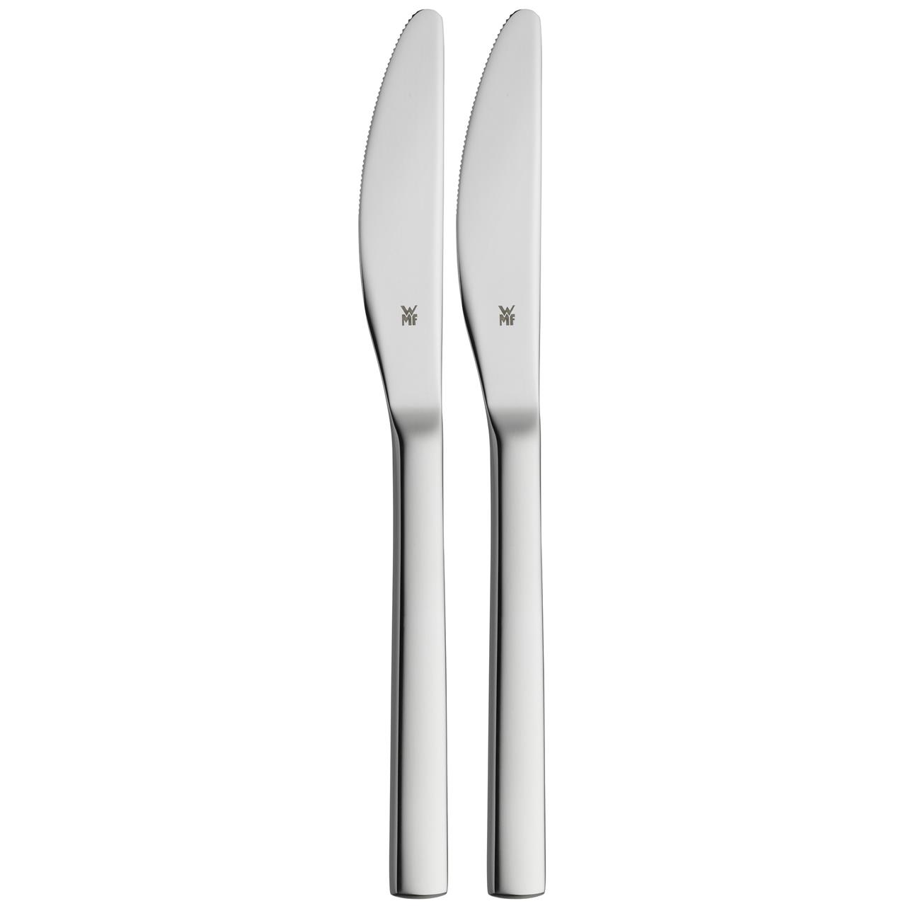 Das Bild zeigt ein Set aus zwei Obstmessern aus Edelstahl. Die Messer haben ein schlichtes, modernes Design und tragen das WMF-Logo.