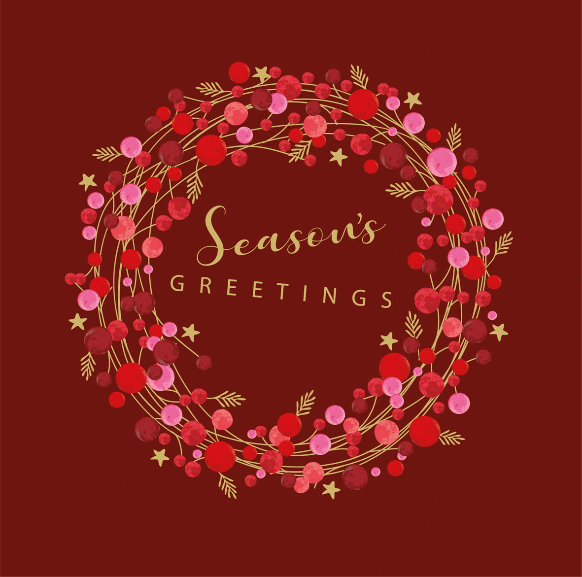 Das Bild zeigt eine rote Serviette mit einem festlichen Kranz aus roten und rosa Beeren sowie goldenen Sternen und Zweigen. In der Mitte steht in goldener Schrift "Season's Greetings".