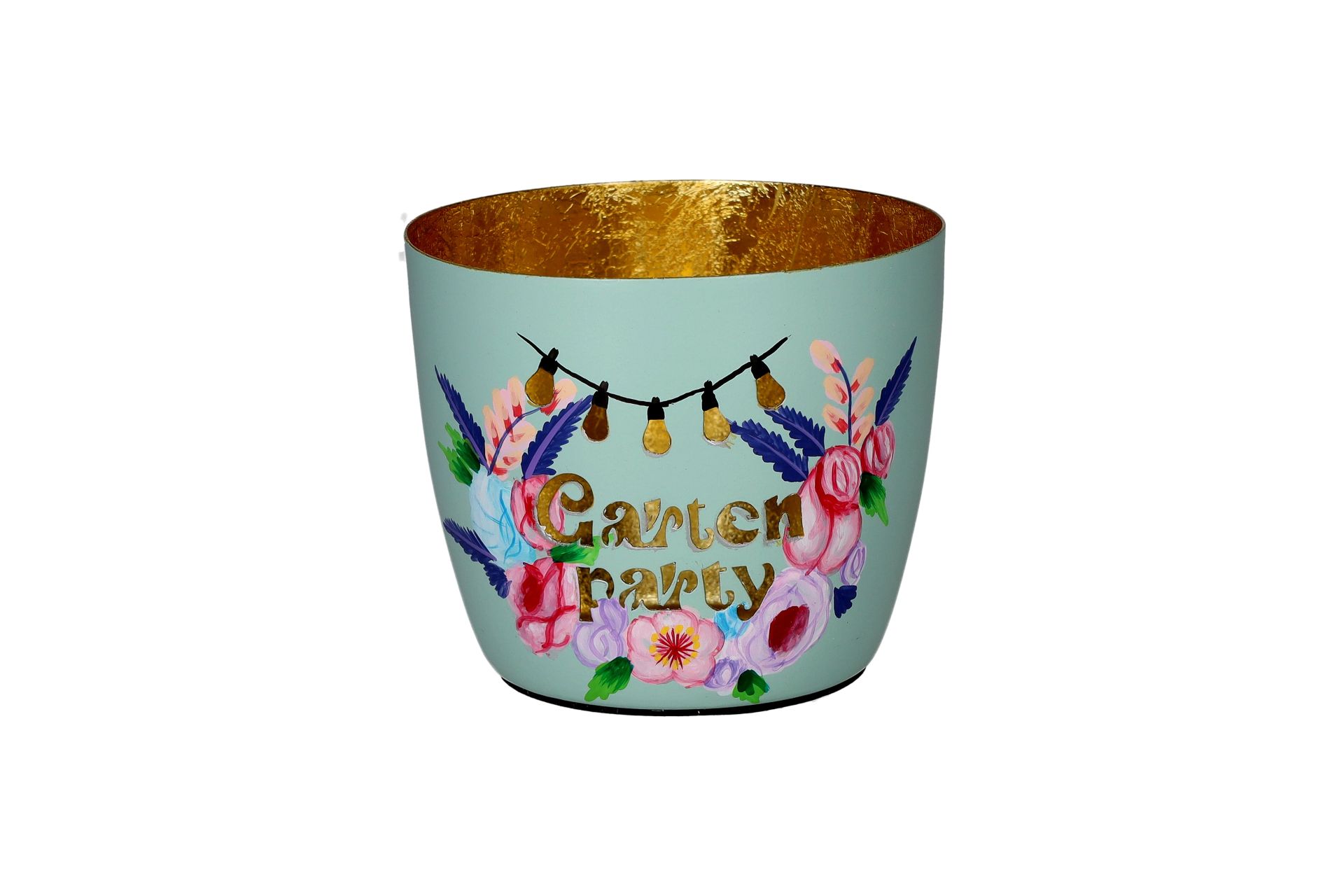 Madras Windlicht in Größe M mit Gartenparty-Motiv in Mint und Gold