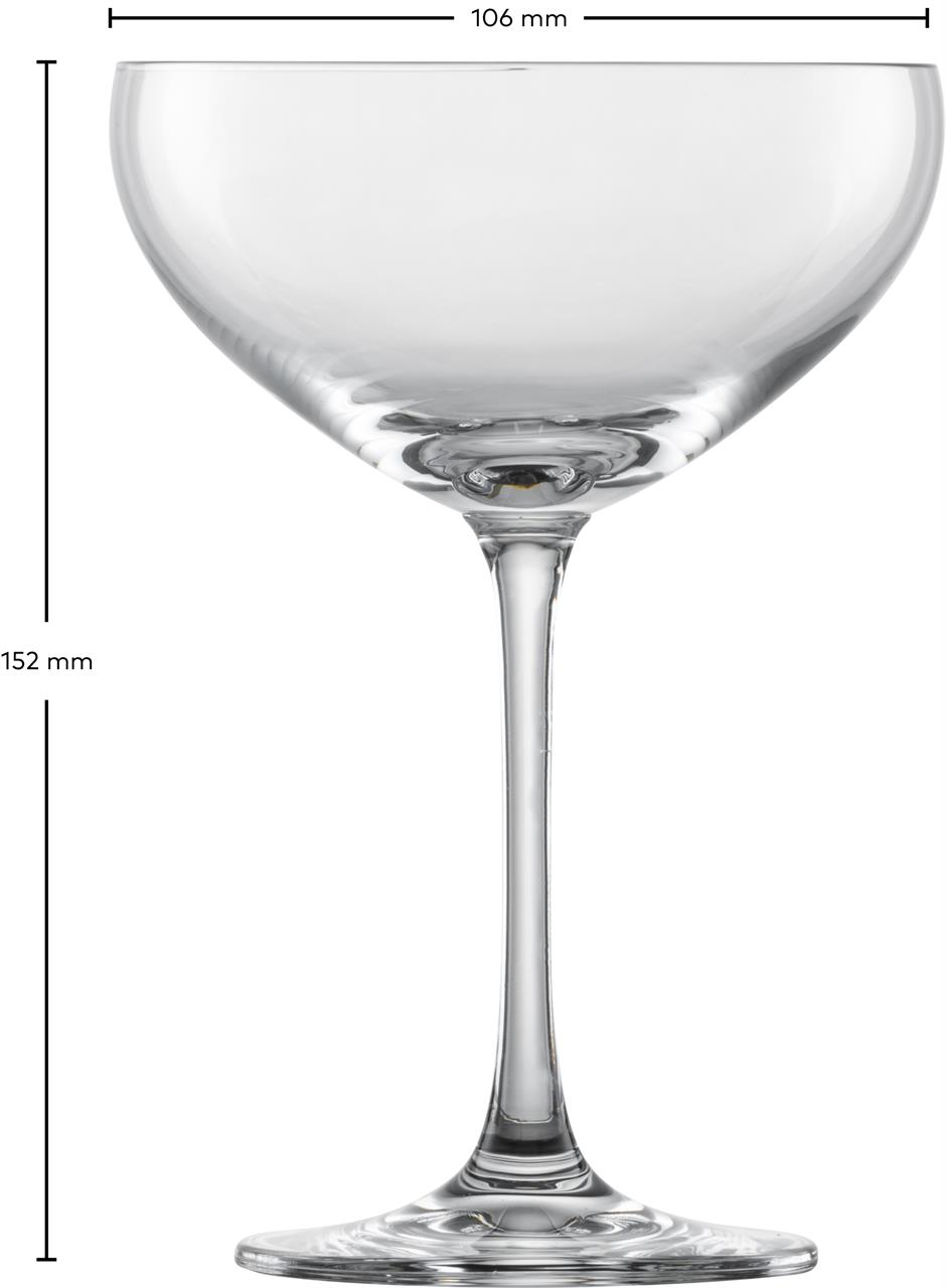 Das Bild zeigt ein elegantes Sektglas mit einem Durchmesser von 106 mm und einer Höhe von 152 mm. Es handelt sich um das Produkt "4er Sektschale Bar Special 8".