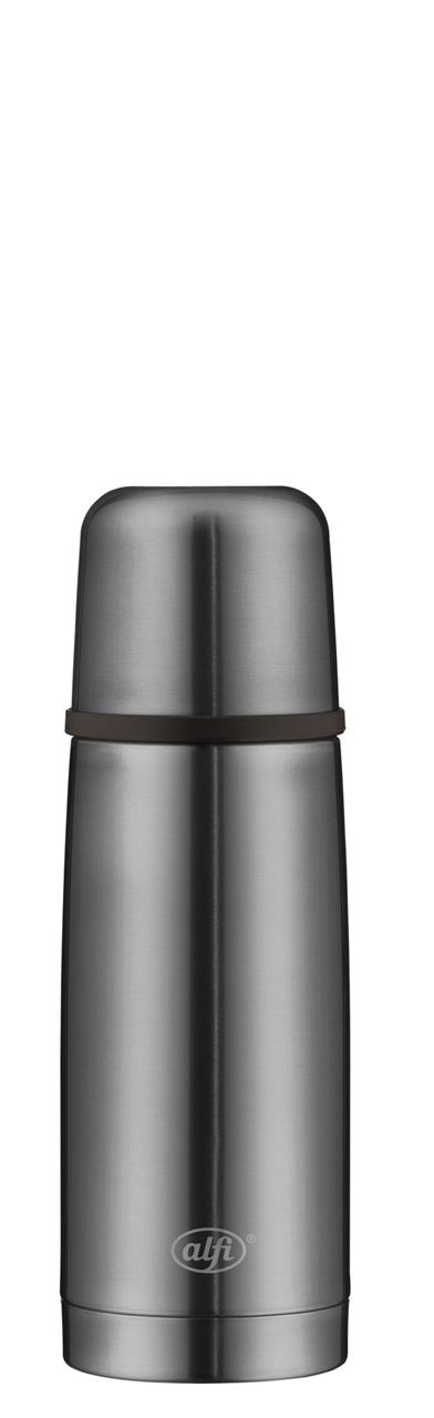 Die Abbildung zeigt eine graue Isolierflasche mit einem Fassungsvermögen von 0,35 Litern. Sie ist schlank und hat einen automatischen Verschluss.