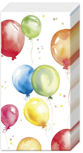 Das Bild zeigt eine Packung Papiertaschentücher mit bunten, gemalten Luftballons darauf. Die fröhlichen Farben und die Ballons machen das Design ideal für Geburtstage.