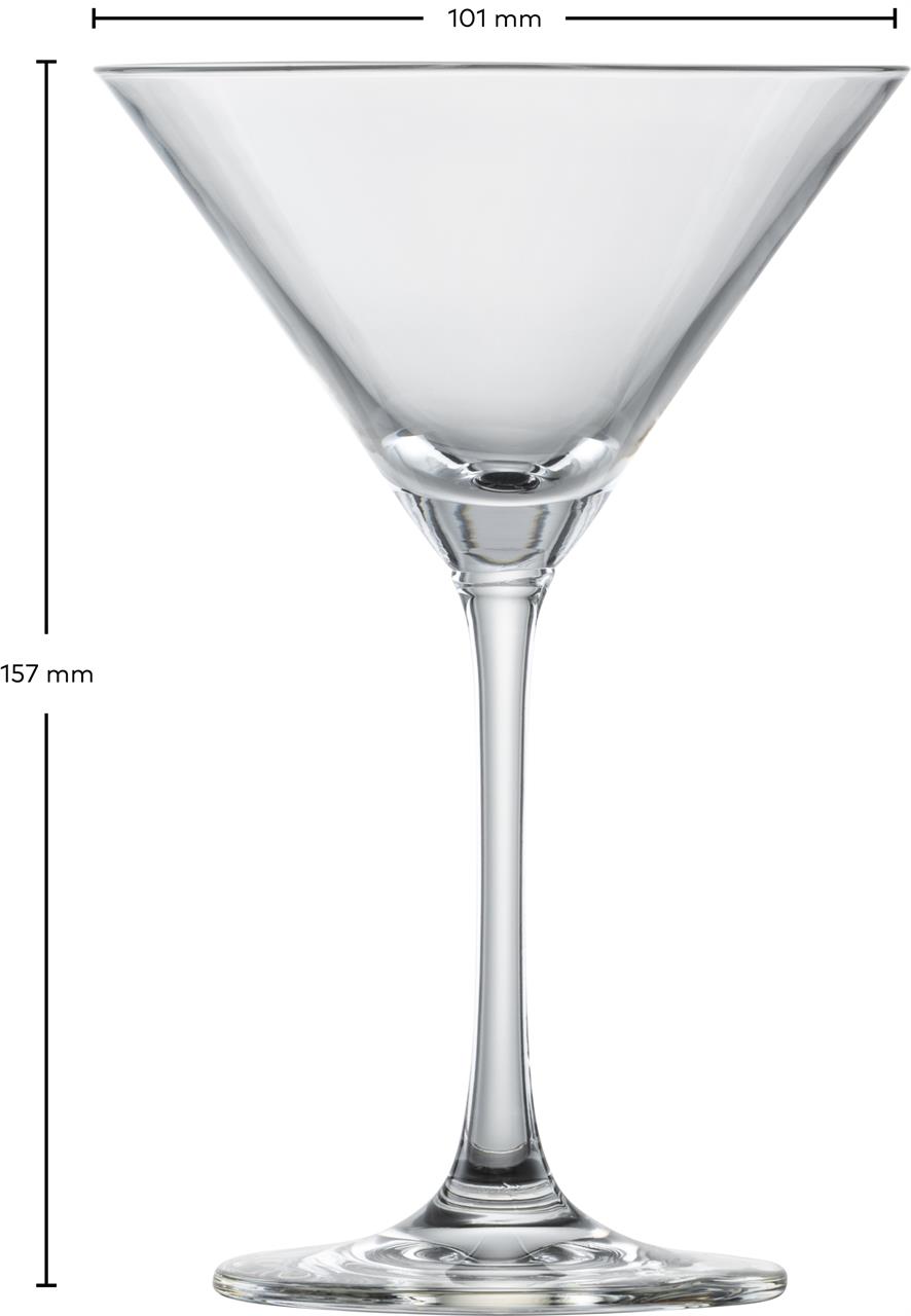 Das Bild zeigt ein klassisches Martini-Glas aus der Produktreihe "4er Martini Bar Special 86". Das Glas ist 157 mm hoch und hat einen Durchmesser von 101 mm.
