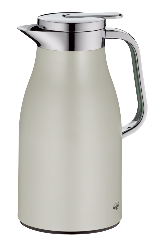 Dies ist eine silberne Thermoskanne mit einem glänzenden Griff und Deckel. Sie hat ein modernes, schlichtes Design.