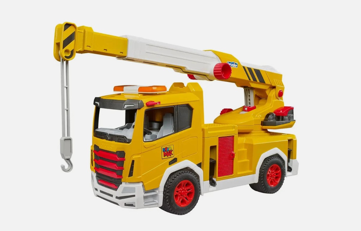 Der ROADMAX Kran-LKW ist ein leuchtend gelber Kranwagen für Kinder. Das Spielzeug besitzt einen drehbaren Kranarm zum Heben kleiner Lasten.