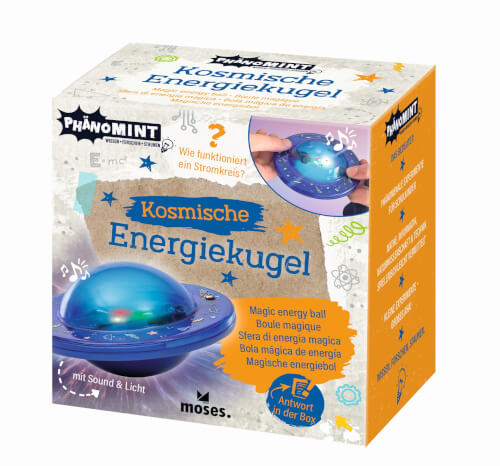Die Verpackung zeigt eine "Kosmische Energiekugel" von PhänoMINT, ein Spielzeug mit Sound und Licht. Auf der Schachtel sind bunte Illustrationen und eine kurze Erklärung des Produkts abgebildet.