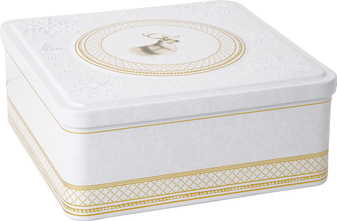 Die Abbildung zeigt eine quadratische Gebäckdose mit weißem Hintergrund und goldenen Verzierungen. Auf dem Deckel ist ein klassisches Weihnachtsrentier im Kreis abgebildet.