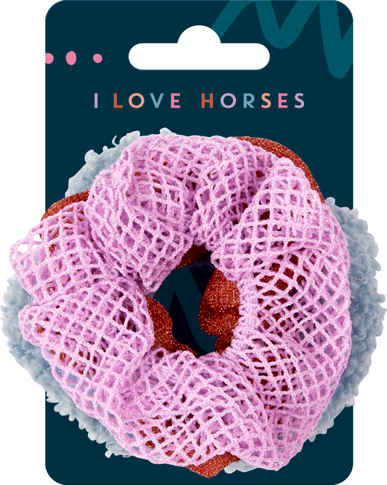 Das Produkt I LOVE HORSES - Scrunchies wird auf diesem Bild vorgestellt. Sie halten die Haare sicher zusammen und sehen dabei schön aus.