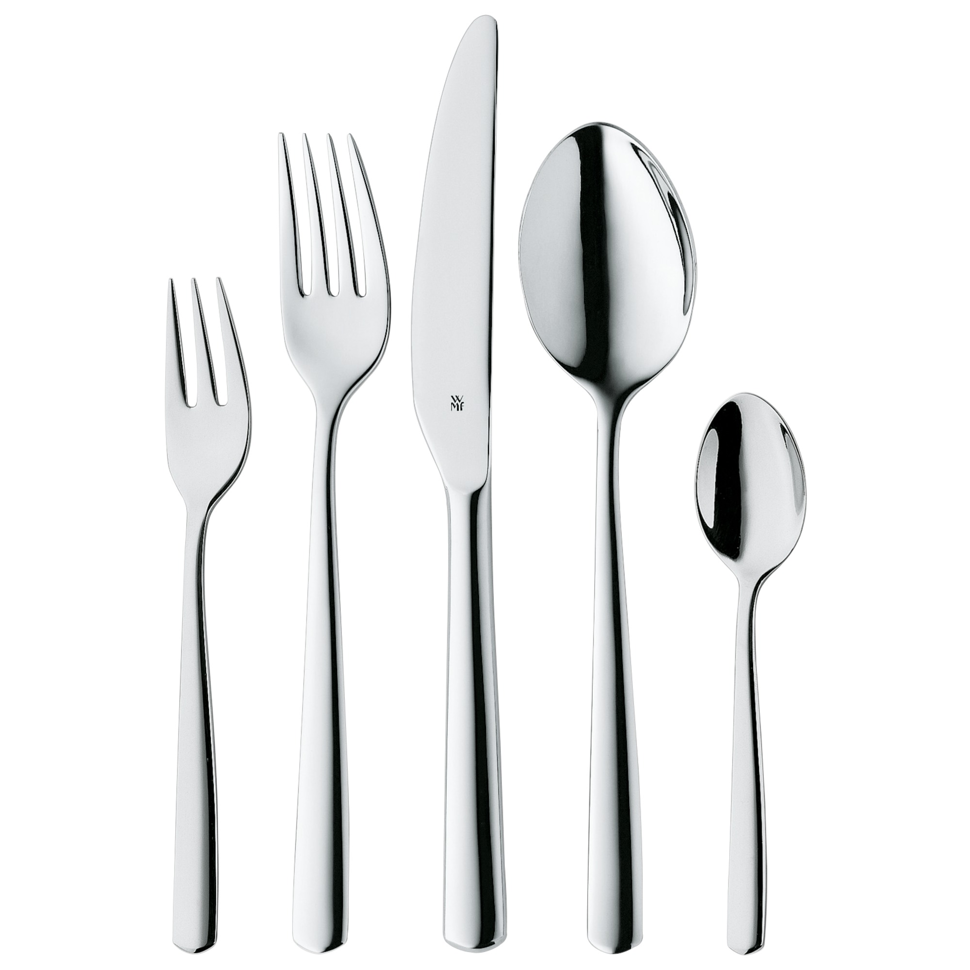 Auf dem Bild sind fünf Besteckteile aus Metall zu sehen: eine kleine Gabel, eine große Gabel, ein Messer, ein großer Löffel und ein kleiner Löffel. Sie stehen nebeneinander auf weißem Hintergrund.