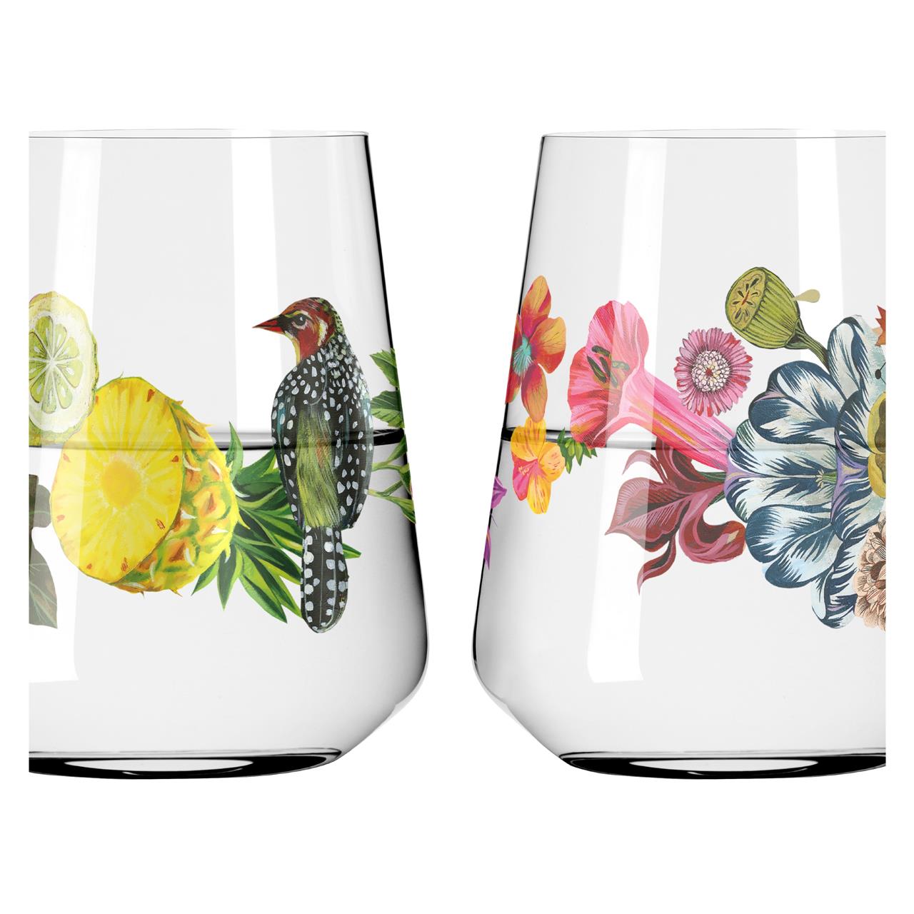 Auf dem Bild sind zwei Trinkgläser mit bunten Motiven zu sehen. Die Gläser sind mit Illustrationen von exotischen Früchten, Blumen und einem Vogel verziert.