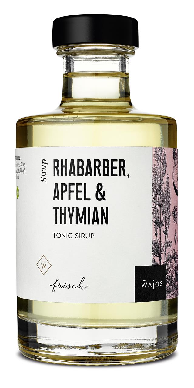 Das Bild zeigt eine Flasche Tonic Sirup mit der Geschmacksrichtung Rhabarber, Apfel und Thymian. Die Flasche enthält 200 ml und hat ein modernes, ansprechendes Etikett.