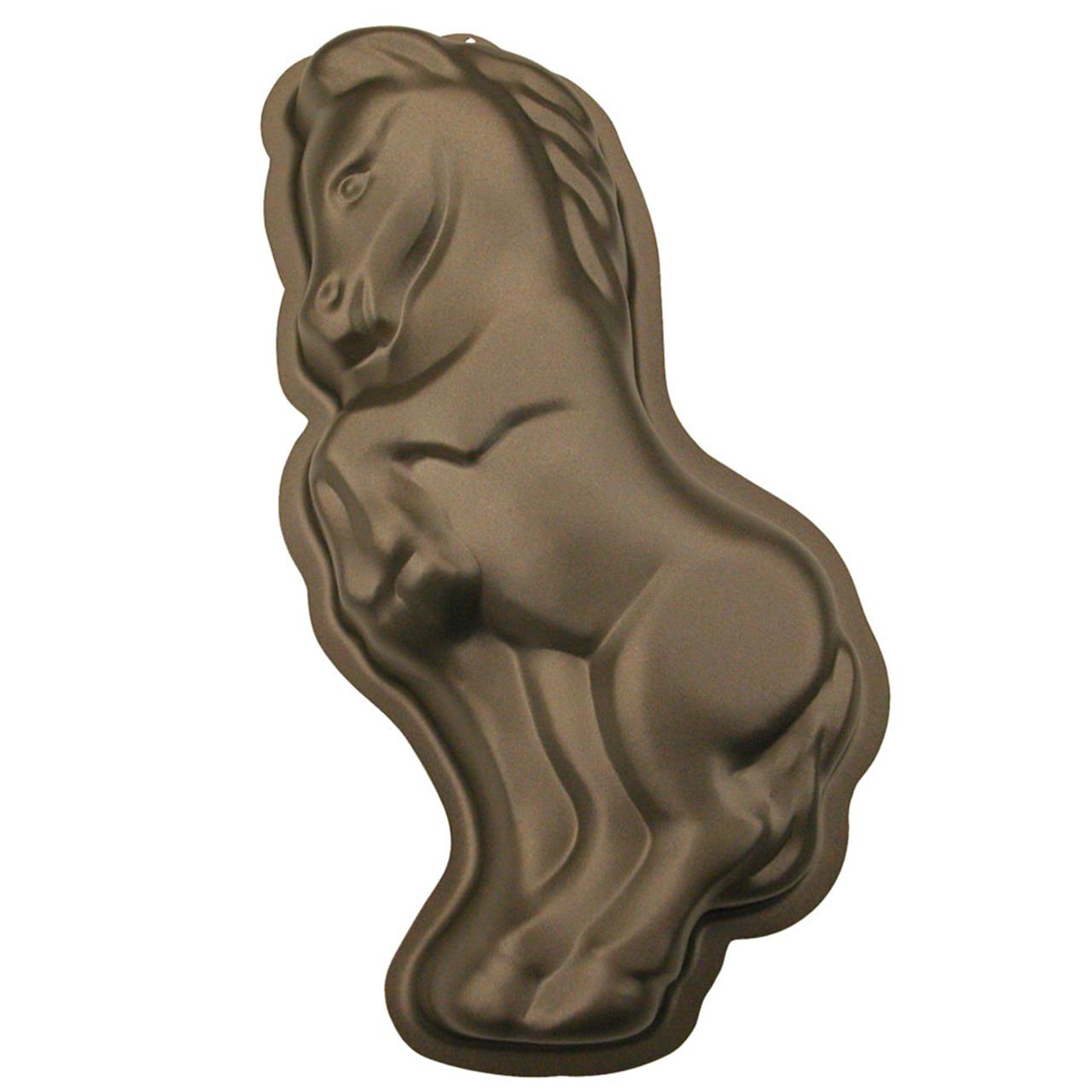 Diese Backform zeigt die Form eines stehenden Pferdes. Sie ist 35 cm groß und eignet sich ideal zum Backen von Kuchen in Pferdeform.