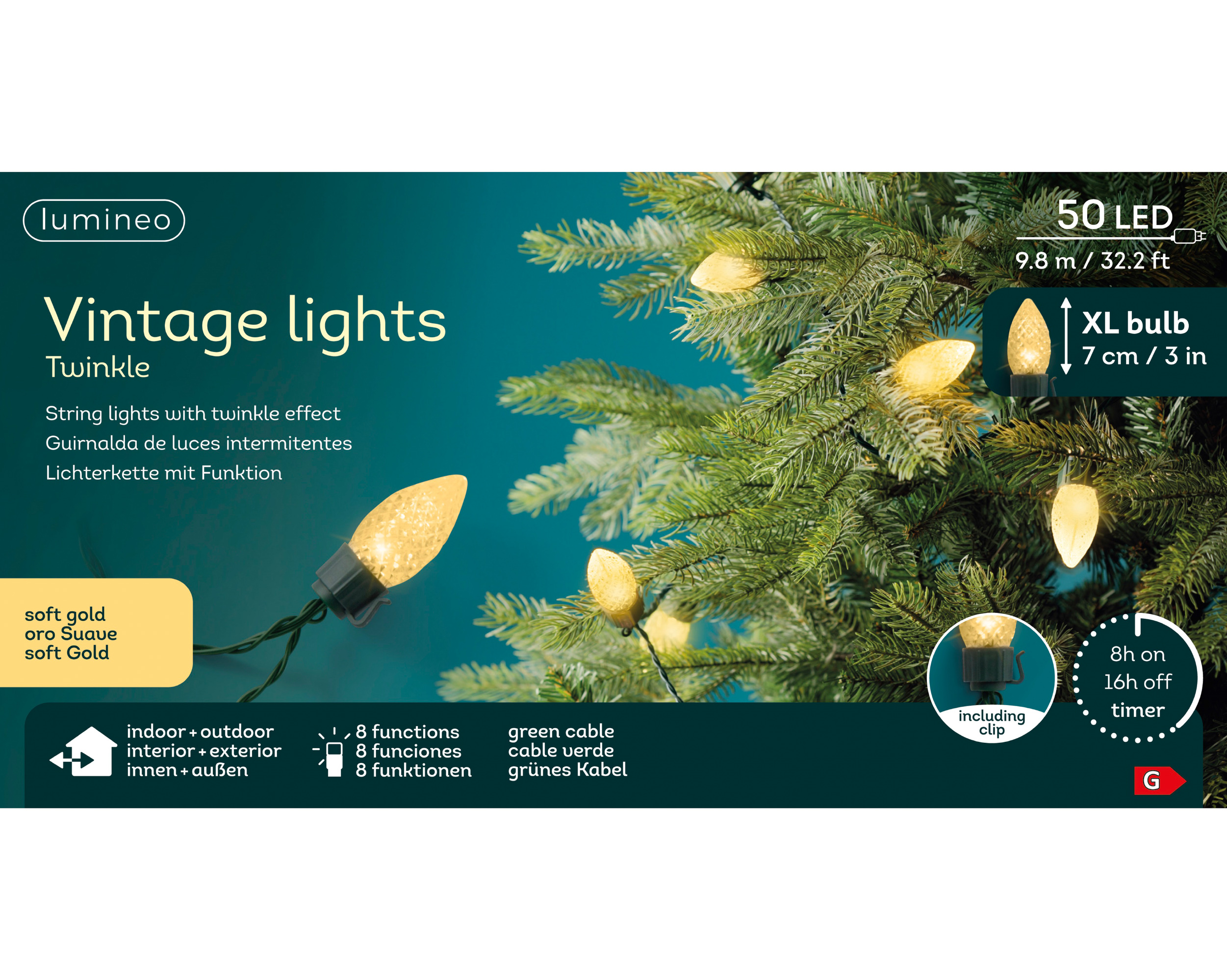 LED-Vintage-Lichterkette XL mit Twinkle-Effekt und acht verschiedenen Funktionen. Die Lichterkette sorgt für stimmungsvolle Beleuchtung.