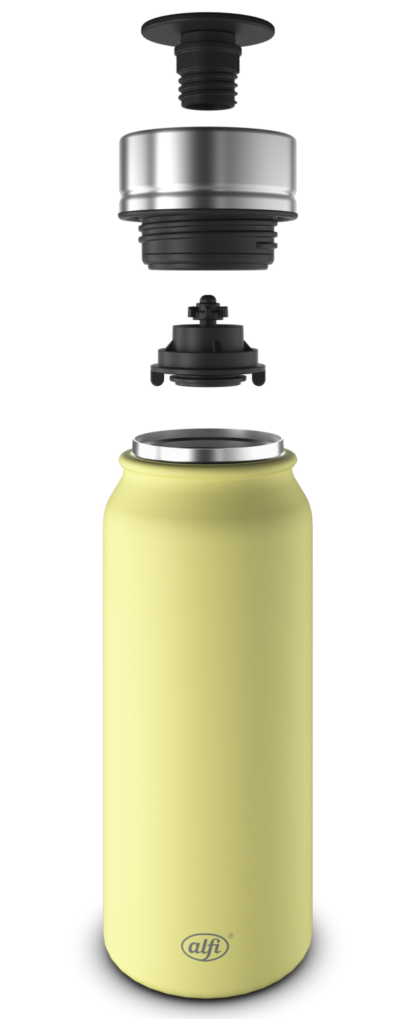 Explosionszeichnung eines Bechers oder Flasche. Alle Einzelteile sind gut sichtbar angeordnet.