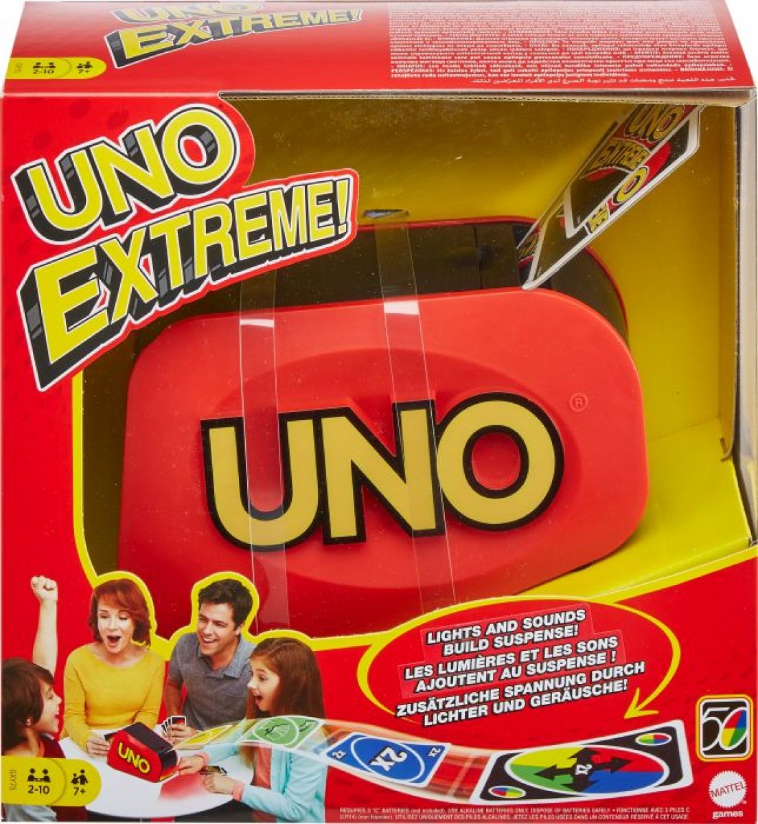 Das Bild zeigt das Spiel "UNO Extreme" in einer auffälligen Verpackung. Auf der Verpackung sind ein rotes UNO-Gerät, Spielkarten und spielende Menschen zu sehen.