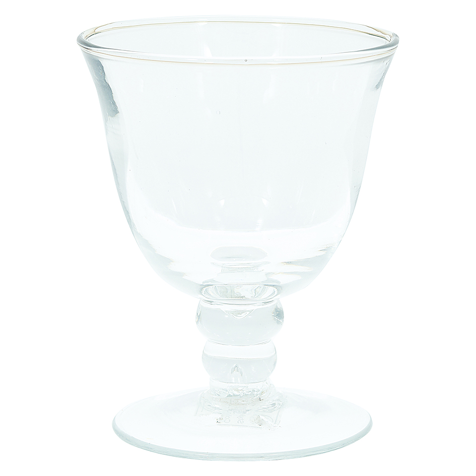 Das Bild zeigt ein klares Weinglas mittlerer Größe. Das Glas hat einen breiten Kelch und einen kurzen Stiel.