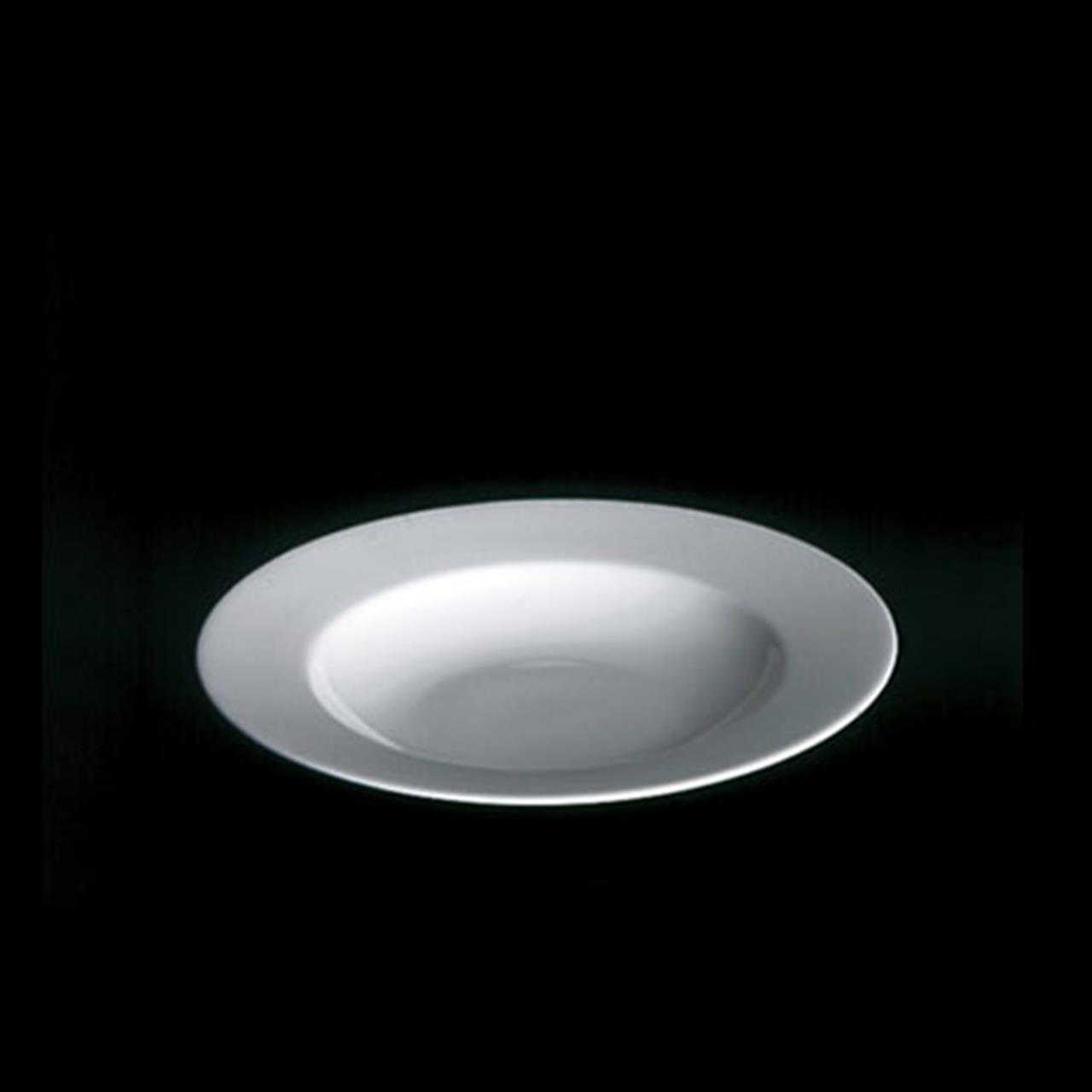 Auf dem Bild ist ein tiefer Teller mit einem Durchmesser von 23 cm aus der Serie "Classic Weiss Fine Bone China" zu sehen. Der Teller ist schlicht, weiß und aus feinem Porzellan gefertigt.