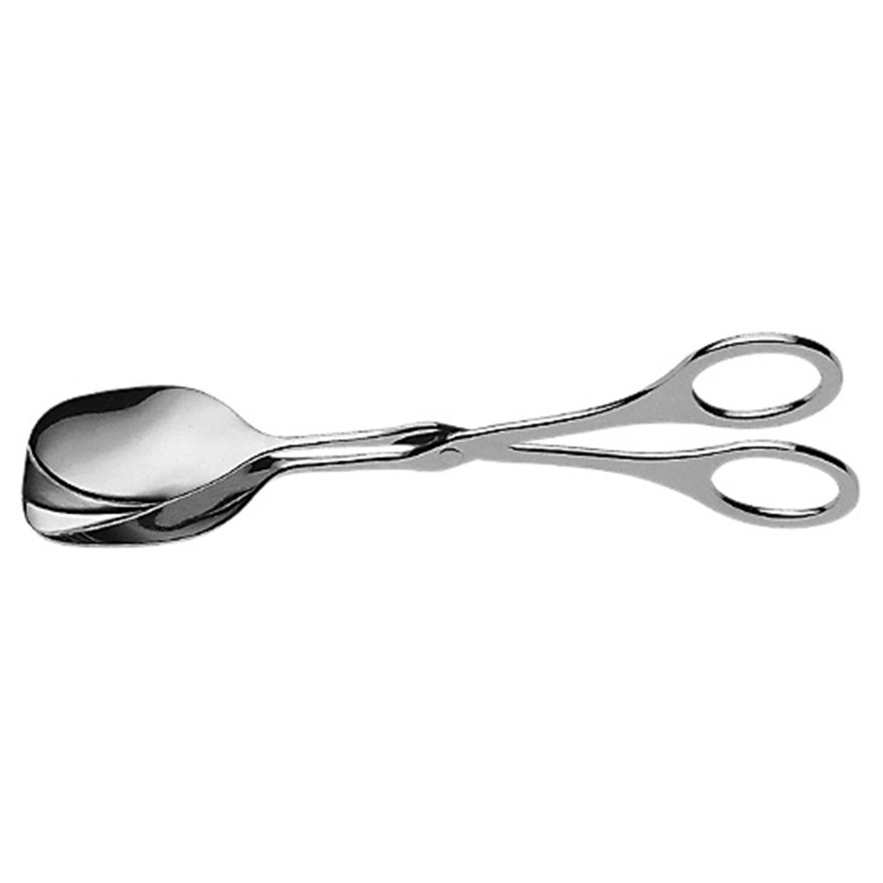 Das Bild zeigt eine glänzende Gebäckzange aus Metall. Sie hat zwei große Griffe und breite Greifflächen zum Servieren von Gebäck.