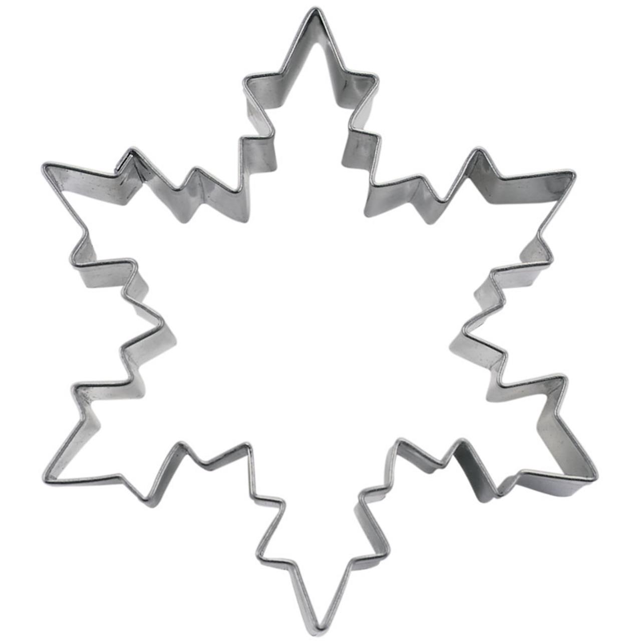 Das Bild zeigt einen Ausstecher in der Form eines Eiskristalls. Der Ausstecher ist aus Metall und hat einen Durchmesser von 6 cm.