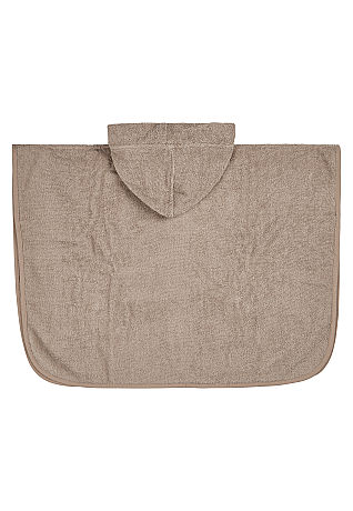 Auf dem Bild ist ein sandfarbener Badeponcho mit Kapuze zu sehen. Der Stoff wirkt weich und gemütlich.