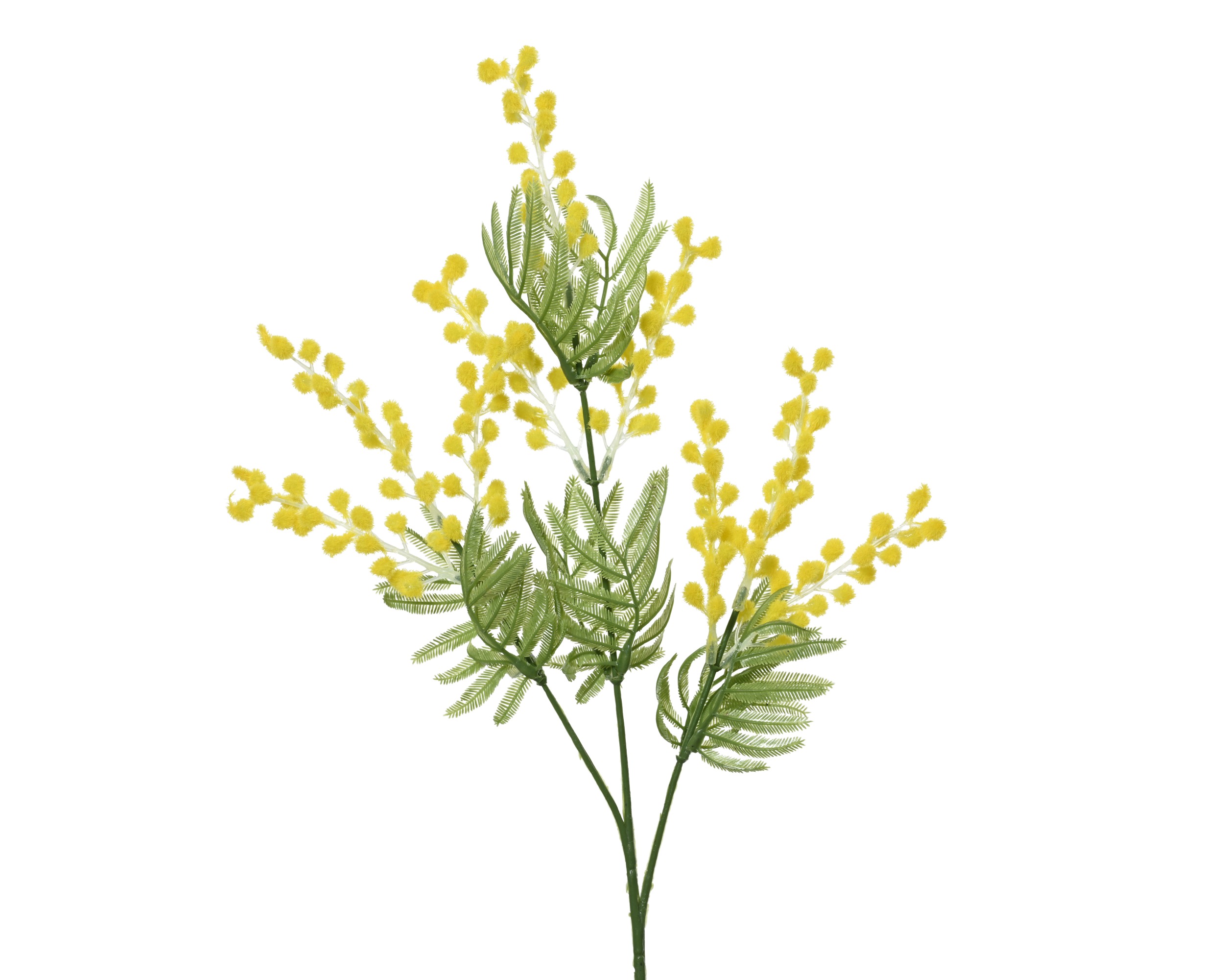 Abgebildet ist eine Mimose am Stiel aus Kunststoff in Gelb, eventuell mit anderen Farben kombiniert. Die künstliche Blume ist eine schöne Ergänzung für florale Arrangements.