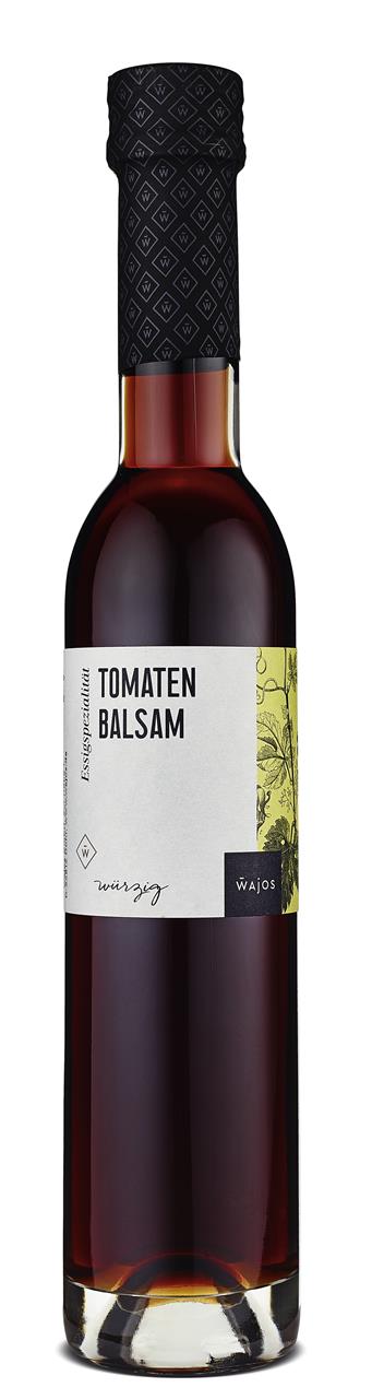 Auf dem Bild ist eine Flasche Tomaten Balsam Essigzubereitung mit 250 ml Inhalt zu sehen. Das Etikett zeigt den Produktnamen und den Hersteller Wajos.