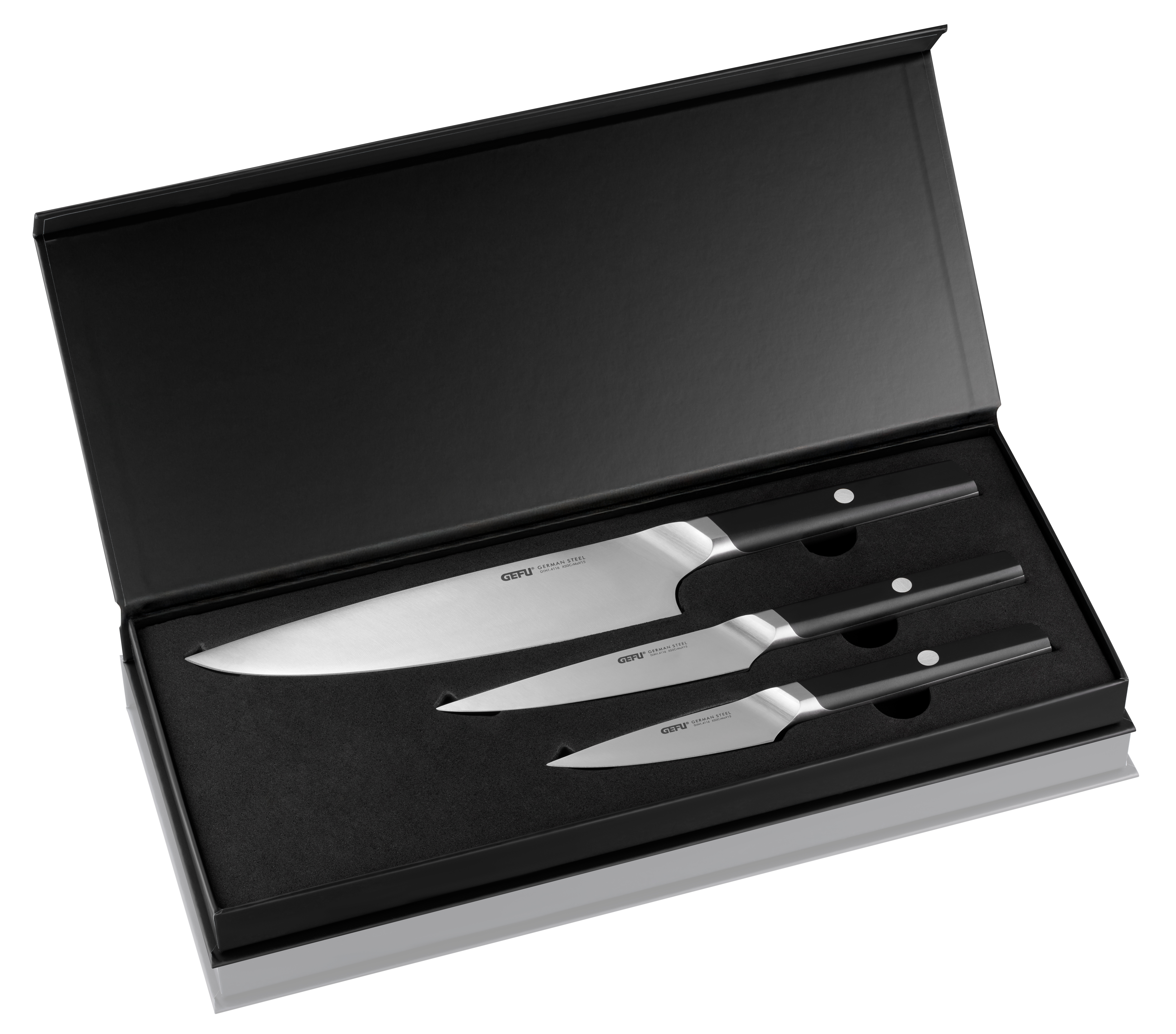 Abgebildet ist ein Messerset, inklusive Messerblock Acuro. Das Set besteht aus drei Messern und einem Messerblock.