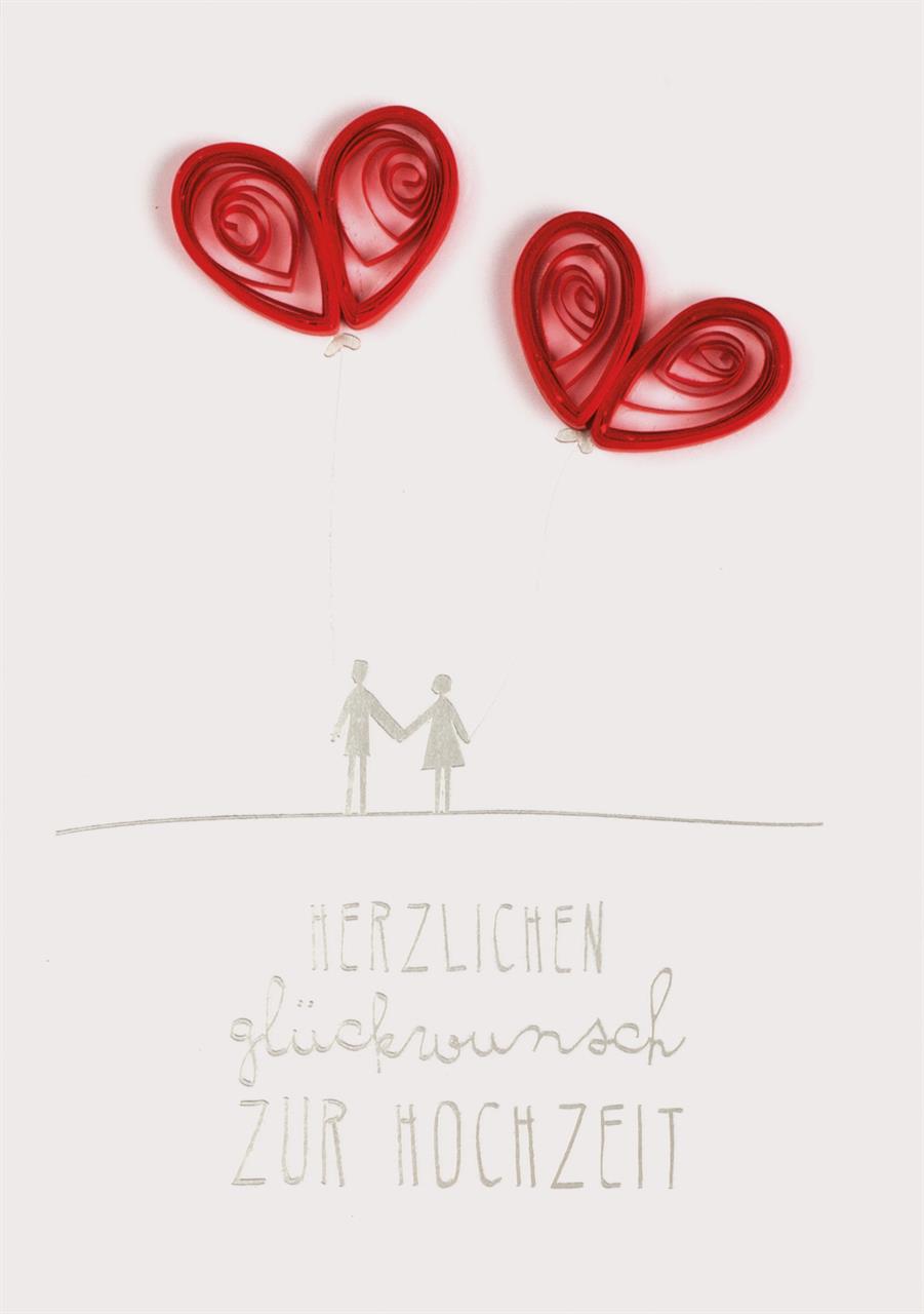Das Bild zeigt eine Karte mit zwei roten, herzförmigen Ballons aus Papier. Darunter halten sich zwei Figuren an den Händen und es steht der Text „Herzlichen Glückwunsch zur Hochzeit“.
