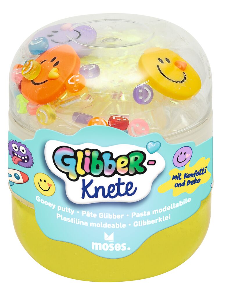 Hier ist die Verpackung der gelben 'Glibber-Knete' abgebildet. Das Produkt richtet sich an Kinder jeden Alters.