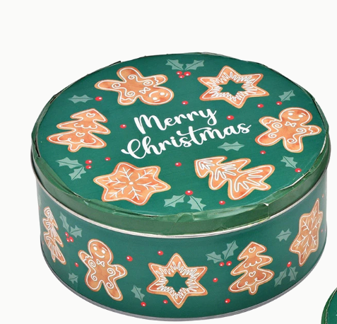 Diese Abbildung zeigt eine runde Dose mit Lebkuchenaufdruck und der Aufschrift 'Merry Christmas', groß, 19x8x19 cm. Die Dose ist ideal zum Aufbewahren von Weihnachtsgebäck.