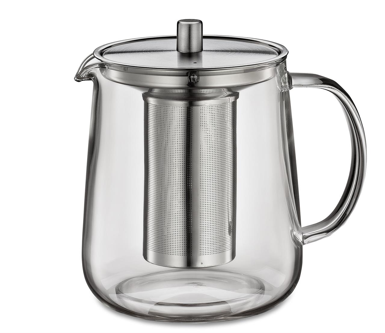 Auf dem Bild ist die Teekanne ASSAM mit einem Fassungsvermögen von 1 Liter zu sehen. Sie besteht aus transparentem Glas und hat einen Metallsieb-Einsatz sowie einen Metalldeckel.