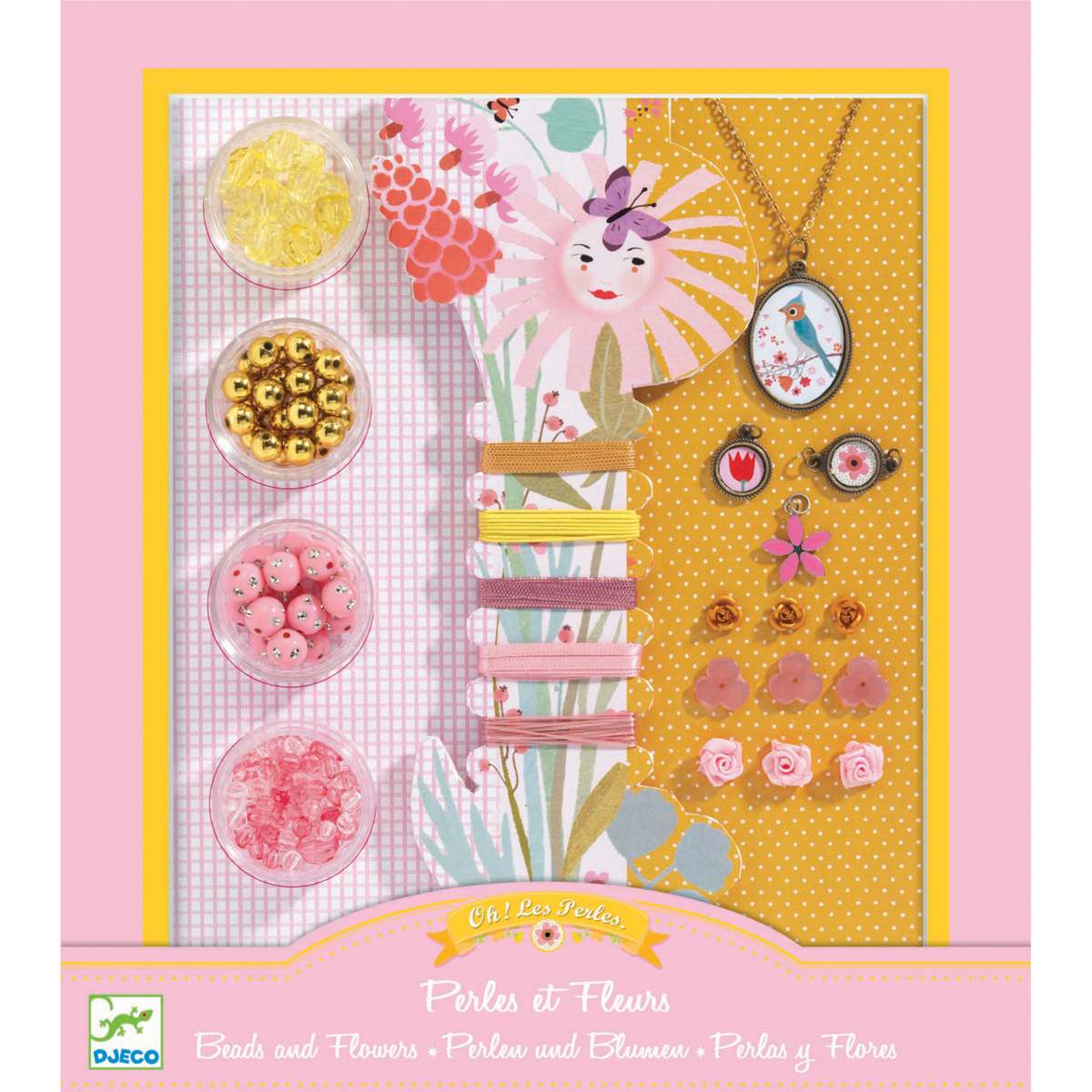 Das Bild zeigt ein Bastelset mit verschiedenen Perlen und Schmuckelementen im Blumen-Design. Im Set sind bunte Perlen, Anhänger, Blümchen und Schmuckzubehör enthalten.