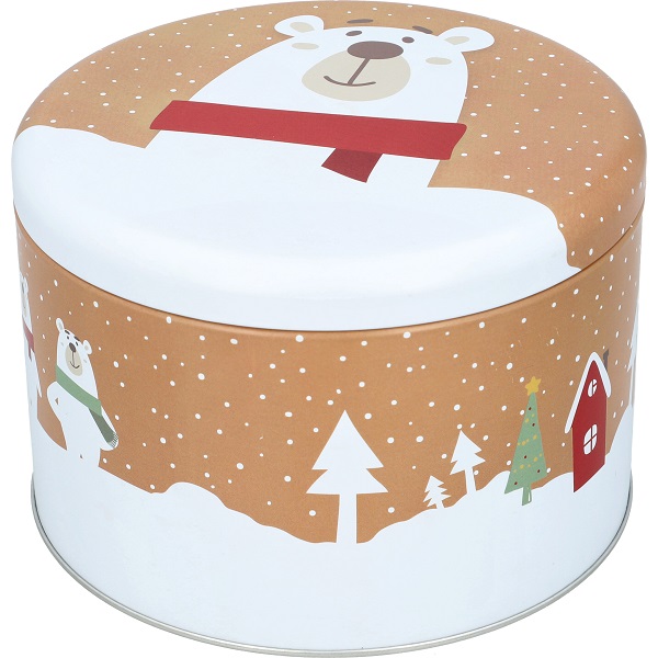 Runde Gebäckdose mit Christmas Animals Motiv, Größe XL. Perfekt, um viele Kekse oder andere Naschereien zu verstauen.