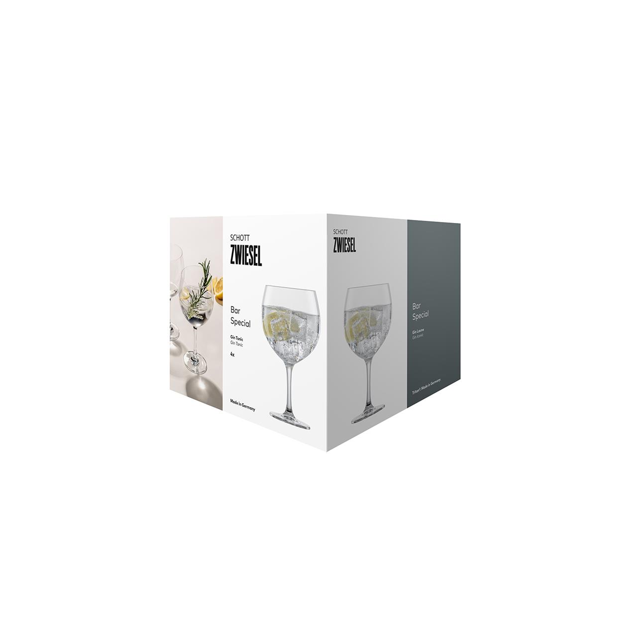 Die Abbildung zeigt eine Verpackung des Produkts "4er Gin Tonic Bar Special 80" von Schott Zwiesel. Auf der Verpackung sind stilvolle Gin Tonic Gläser abgebildet.