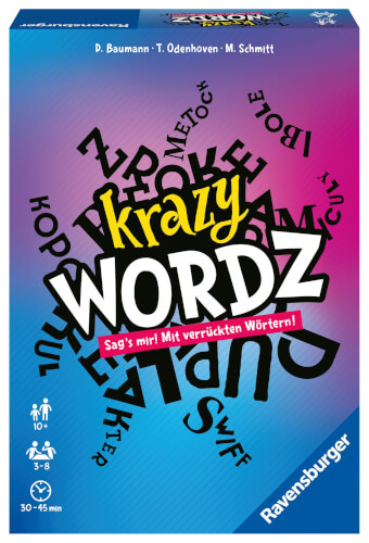 Auf dem Bild ist die Verpackung des Spiels "Krazy Wordz" zu sehen. Die Schachtel hat einen bunten Hintergrund mit vielen verrückten Wörtern und dem Ravensburger-Logo unten rechts.