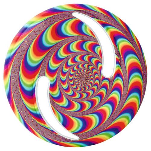 Das Bild zeigt eine runde Scheibe mit einem bunten, spiralförmigen Regenbogenmuster. Die leuchtenden Farben erzeugen einen hypnotischen, optischen Effekt.