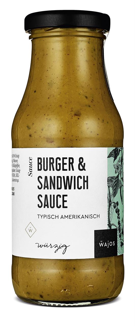 Auf dem Bild ist eine Flasche "Burger & Sandwich Sauce" mit 245 ml Inhalt zu sehen. Die Sauce ist typisch amerikanisch und hat ein würziges Aroma.