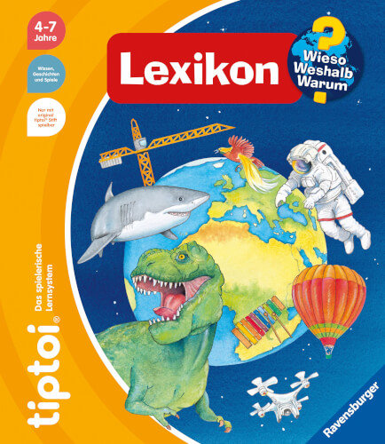 Auf dem Bild ist das Cover eines Lexikons für Kinder zu sehen. Es zeigt verschiedene spannende Motive wie einen Dinosaurier, einen Hai, einen Astronauten und einen Heißluftballon vor einer Weltkugel.