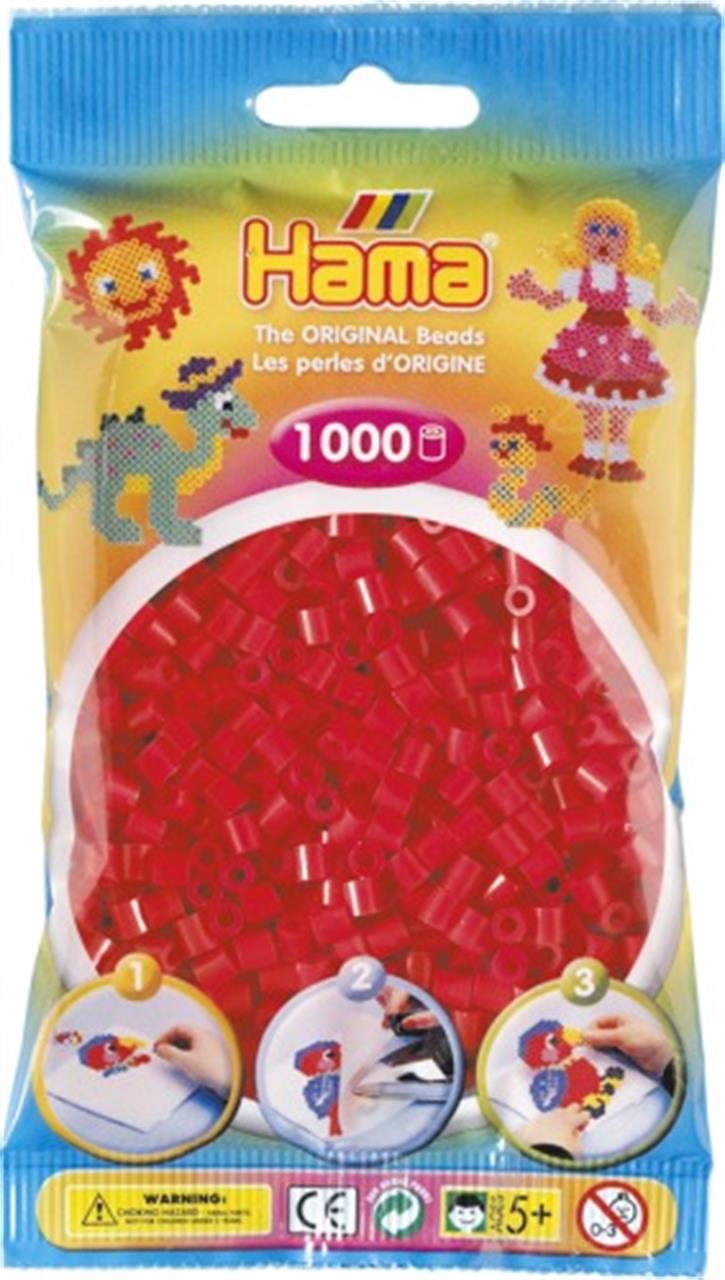Die Abbildung zeigt eine Packung mit 1000 roten Hama-Perlen. Auf der Verpackung sind Beispielmotive und eine Schritt-für-Schritt-Anleitung abgebildet.