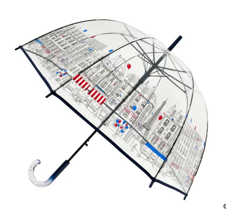 Dies ist ein transparenter Regenschirm mit einem Paris Skyline-Motiv. Auf dem Schirm sind Gebäude und Luftballons in den Farben Blau, Rot und Weiß abgebildet.