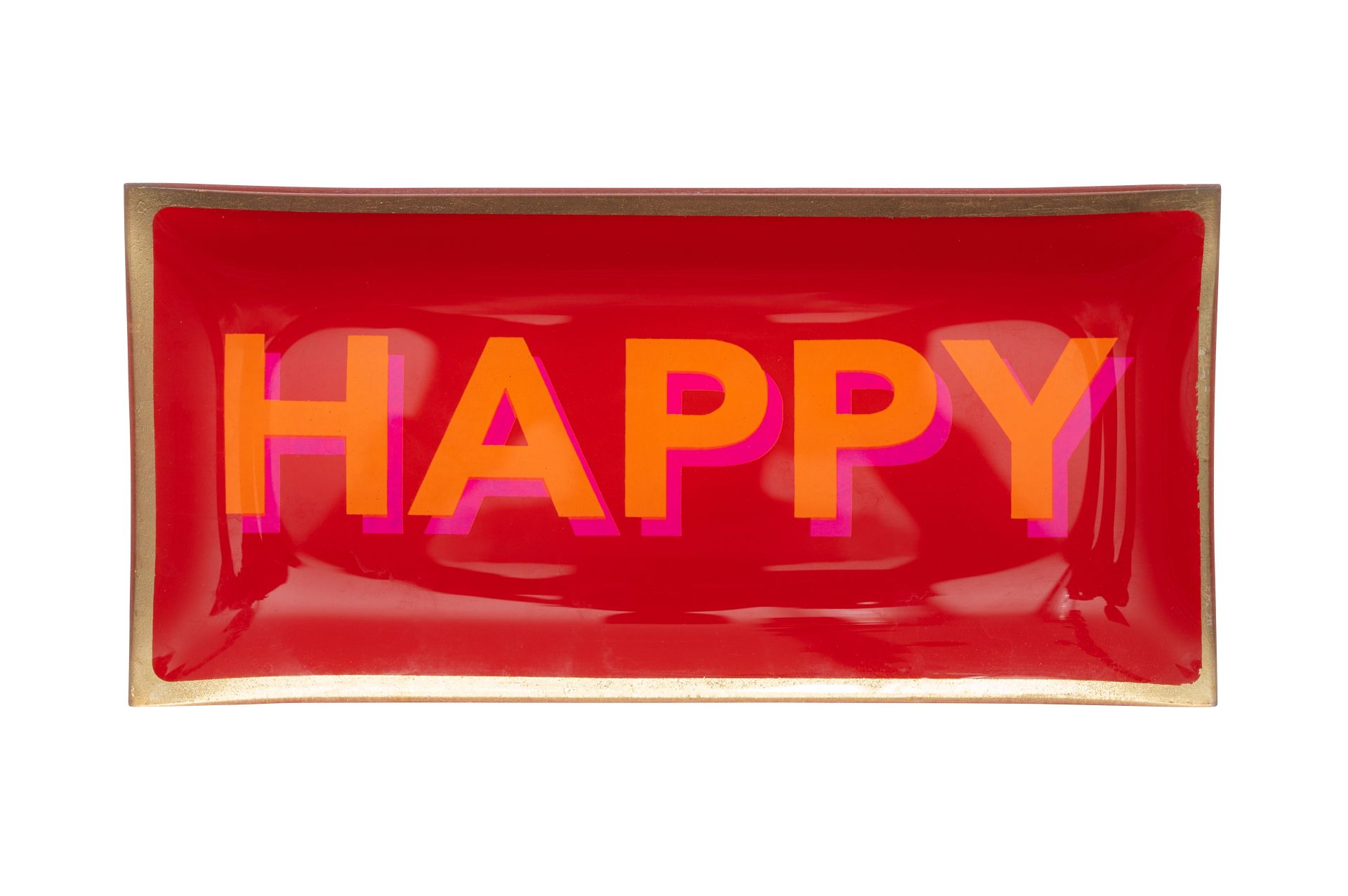 Abgebildet ist der Glasteller L aus der Love Plates Serie mit dem Aufdruck 'Happy' in Rot. Der Teller bringt frisches Design und Lebendigkeit in den Alltag.