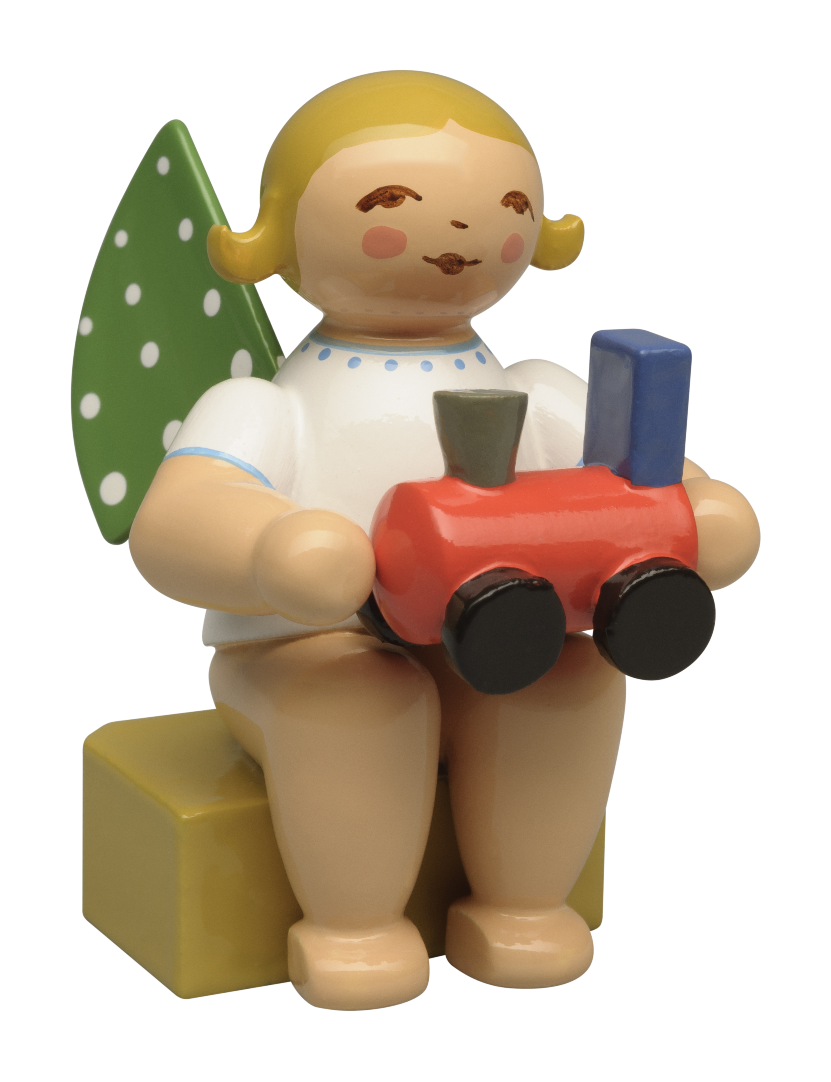 Die Kalenderfigur 2026 stellt einen Engel mit einer Lokomotive dar. Diese niedliche Figur eignet sich als Sammlerstück.