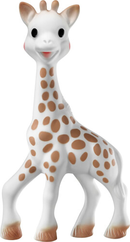 Das Bild zeigt eine niedliche Giraffenfigur mit braunen Flecken. Die Giraffe lächelt und hat große, schwarze Augen.