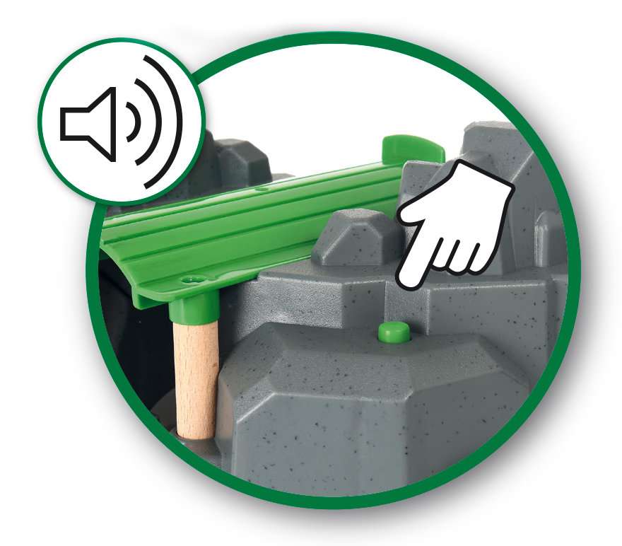 Das Bild zeigt einen grauen Felsen mit einer grünen Schiene und einem grünen Knopf, auf den eine Hand zeigt. Ein Lautsprechersymbol in der Ecke weist darauf hin, dass beim Drücken des Knopfes ein Geräusch ertönt.