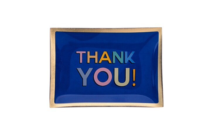 Love Plates, Glasteller M, Motiv: Thank you, blau ist ein mittelgroßer, blauer Glasteller mit der Aufschrift 'Thank you'. Dieses Produkt eignet sich als Geschenk oder Dekoration.
