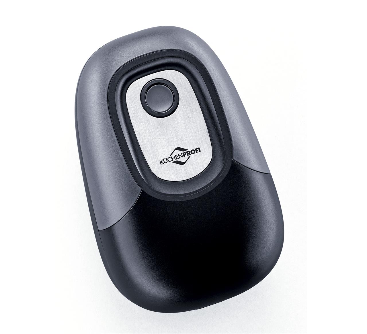 Das Bild zeigt den automatischen Dosenöffner „Easy“ von KÜCHENPROFI. Das Gerät ist kompakt, hat eine abgerundete Form und ist in Schwarz und Silber gehalten.