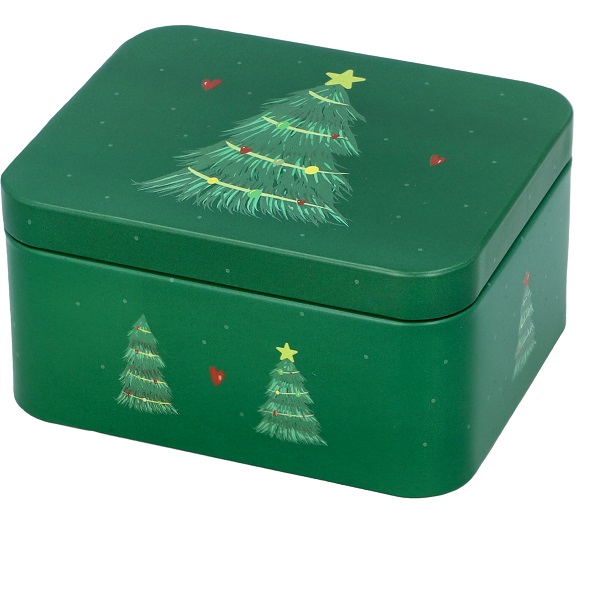 Eckige Gebäckdose mit Weihnachtsbaum-Motiv in Größe S. Perfekt für kleine Mengen Weihnachtsgebäck.