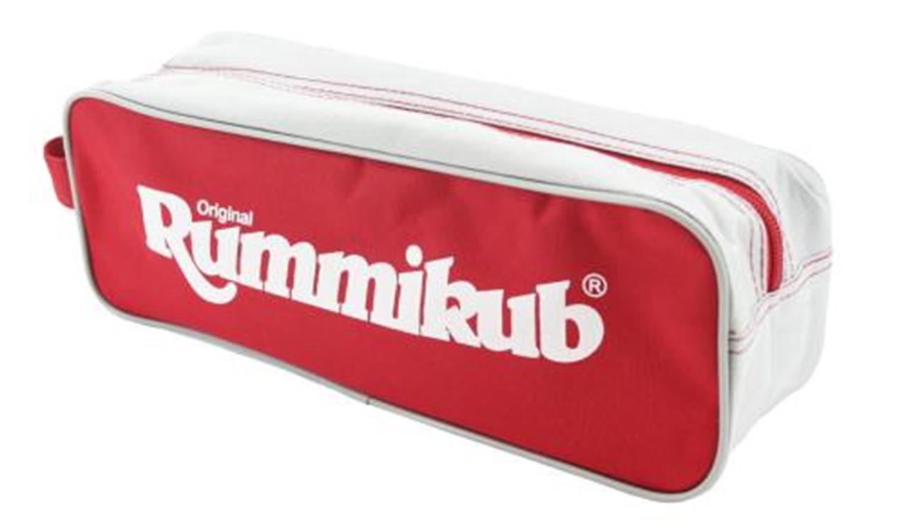 Dies ist eine "Original Rummikub" Tasche. Die Tasche ist hauptsächlich rot und weiß und hat einen Reißverschluss.