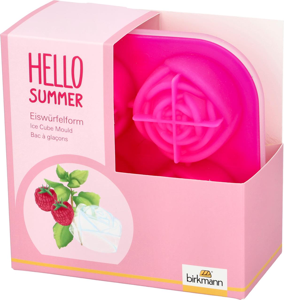 Das Bild zeigt eine pinke Silikon-Eiswürfelform in Rosenform für vier Stück, verpackt in einer rosa Box. Auf der Verpackung steht „HELLO SUMMER“ und sie ist von der Marke Birkmann.