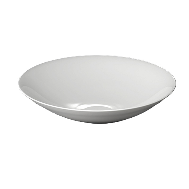 Das Bild zeigt eine coupeförmige Schale aus Fine Bone China, 33 cm groß und reinweiß. Sie eignet sich perfekt für Salate, Obst oder Beilagen.